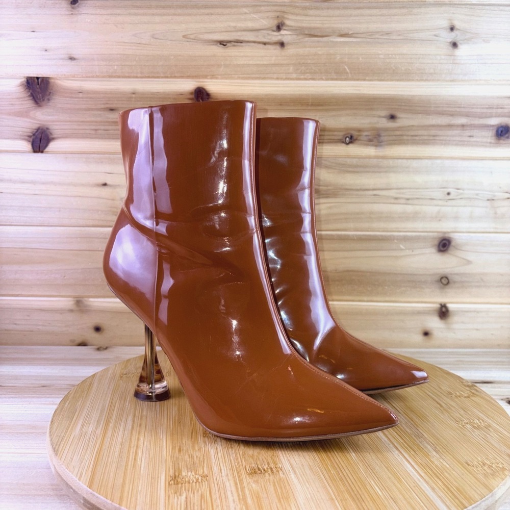 Gianni Bini Booties Womens 7.5 Fawlie Brown Patent Leather Pointed Toe Boots